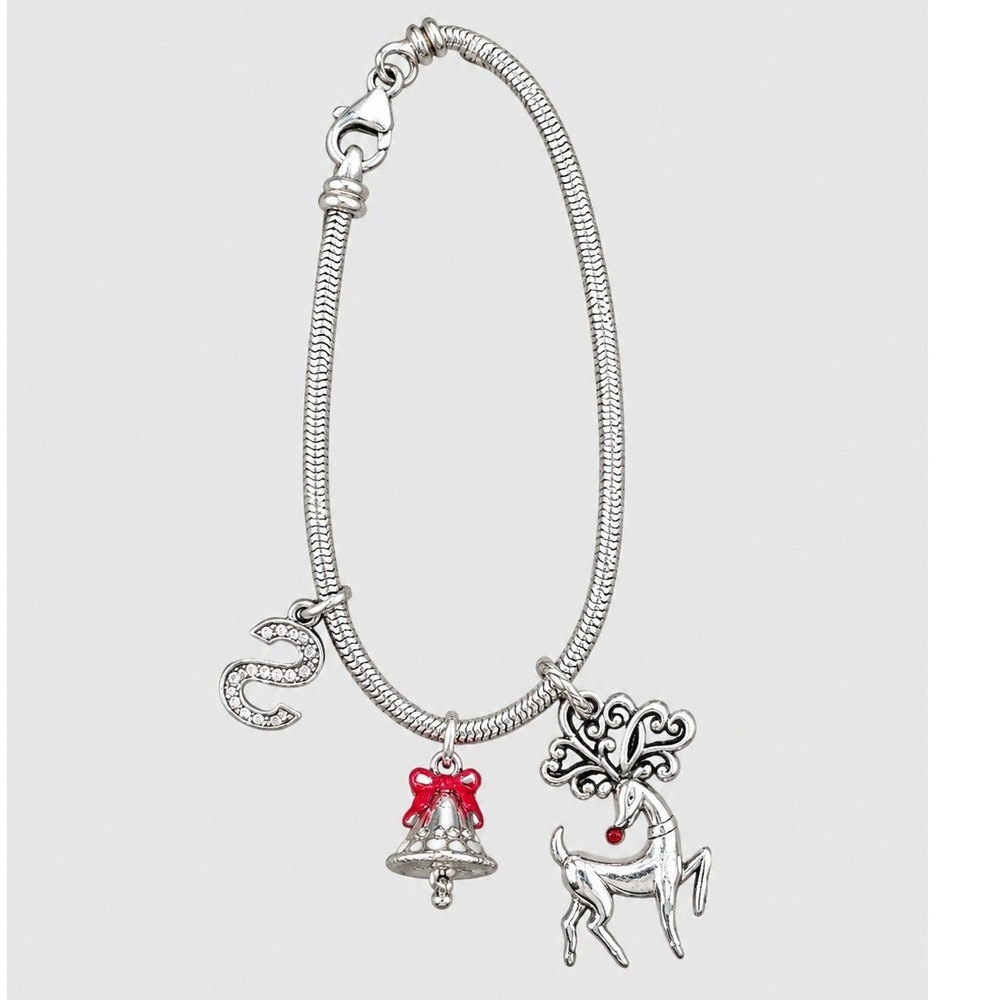 Silver Tone Christmas Charm Bracelet Reindeer Bell Letter‎ S Snake Chain 7.5in